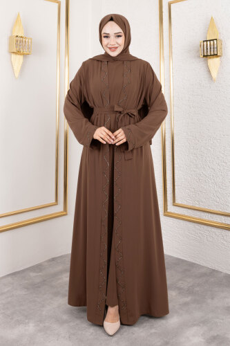 İç Elbiseli Abaya Takım TSD250121 Kahverengi 