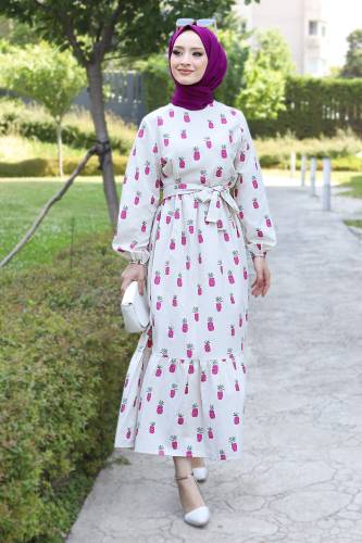 Ananas Desenli Elbise TSD220534 Pembe - Tesettür Dünyası (1)