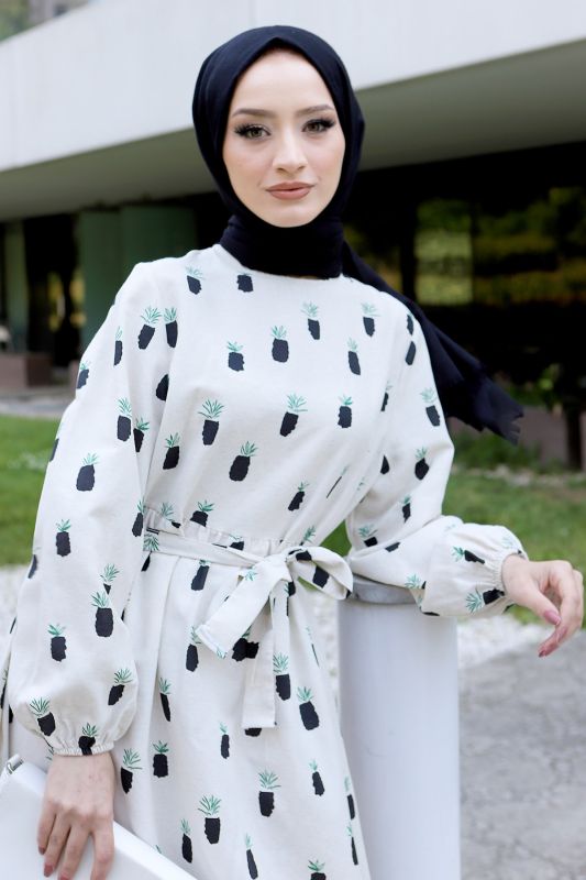 Ananas Desenli Elbise TSD220534 Siyah - 3