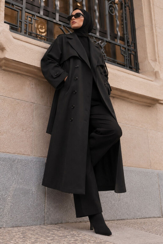 Apolet Detaylı Oversize Trençkot TSD260315 Siyah - 5