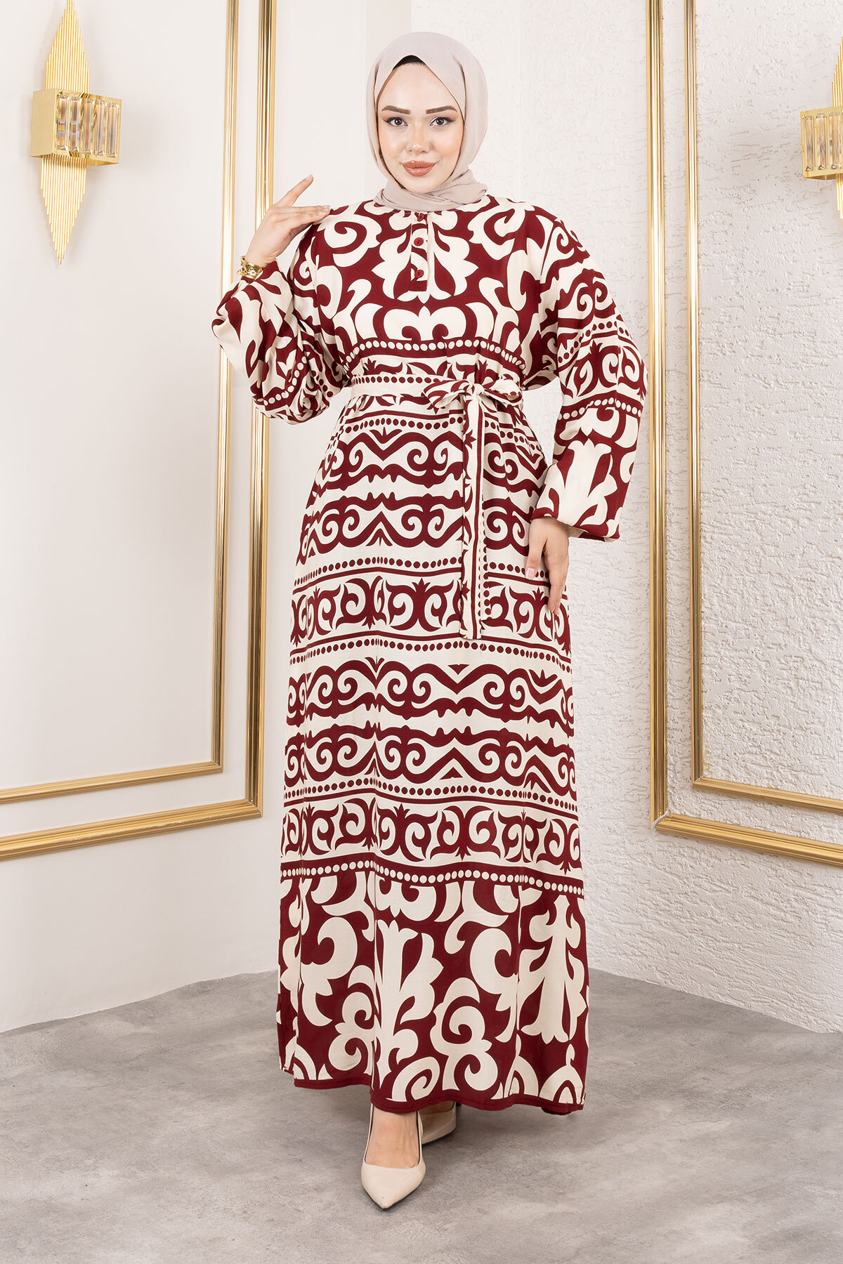 Asel Desenli Viskon Elbise TSD250205 Bordo