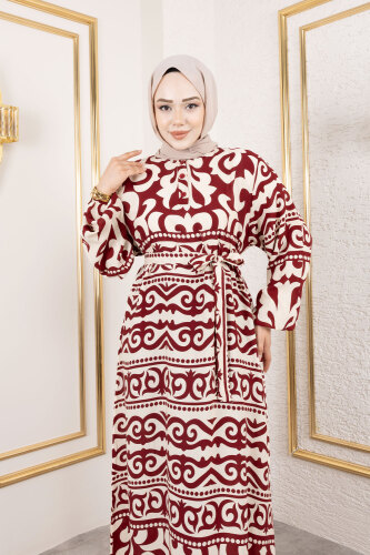 Asel Desenli Viskon Elbise TSD250205 Bordo - TESETTÜR DÜNYASI (1)