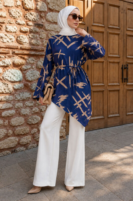 Asimetrik Fırça Desen Tunik TSD260279 Mavi - 3