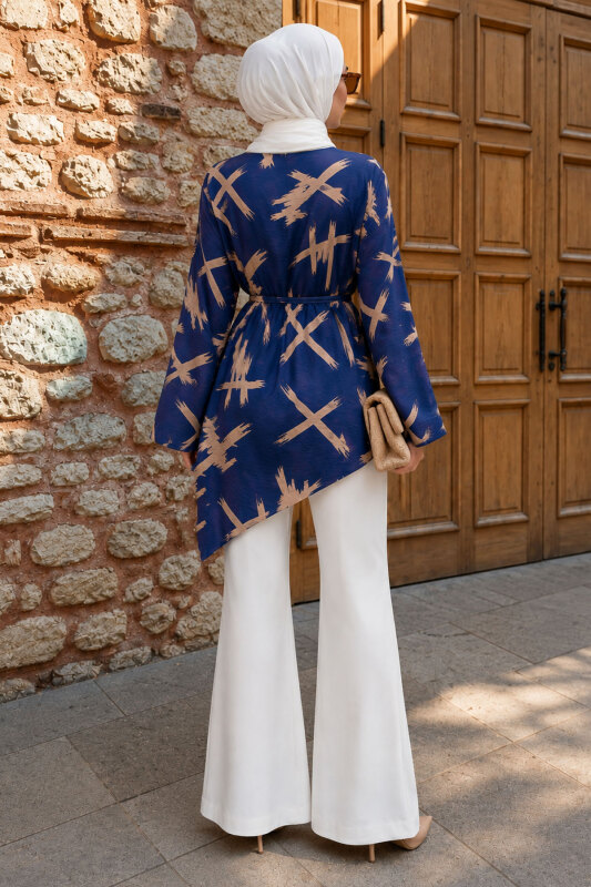 Asimetrik Fırça Desen Tunik TSD260279 Mavi - 6