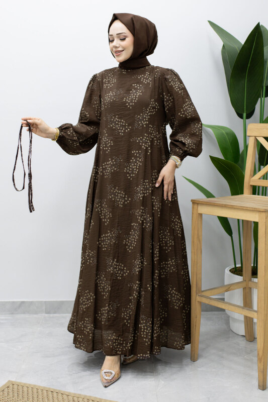 Astarlı Dal Desenli Elbise TSD260238 Kahverengi - 5
