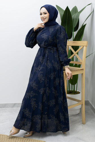 Astarlı Dal Desenli Elbise TSD260238 Lacivert - 3
