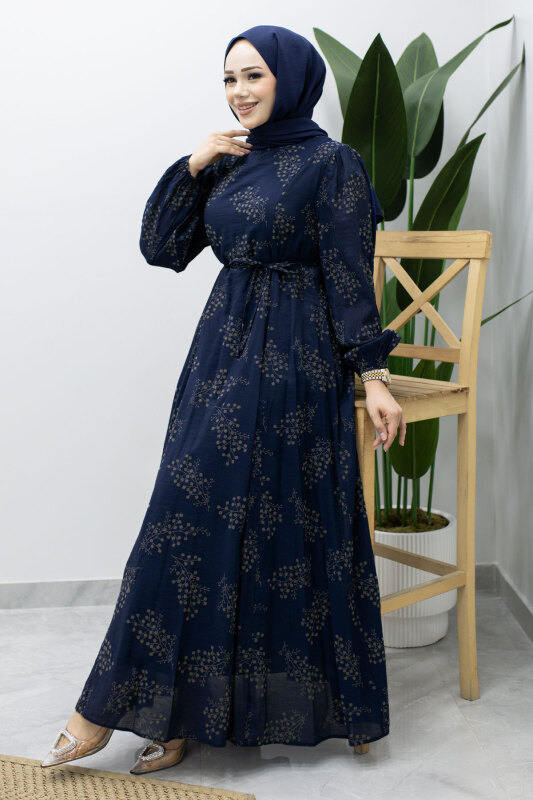 Astarlı Dal Desenli Elbise TSD260238 Lacivert - 3