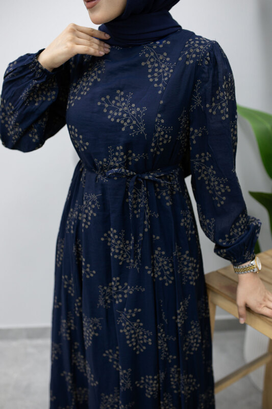 Astarlı Dal Desenli Elbise TSD260238 Lacivert - 4