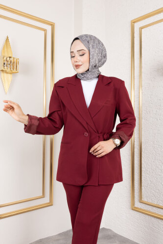 Bağlama Detaylı Blazer Takım TSD250196 Bordo - Tesettür Dünyası (1)