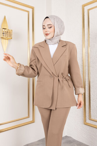 Bağlama Detaylı Blazer Takım TSD250196 Vizon - Tesettür Dünyası (1)