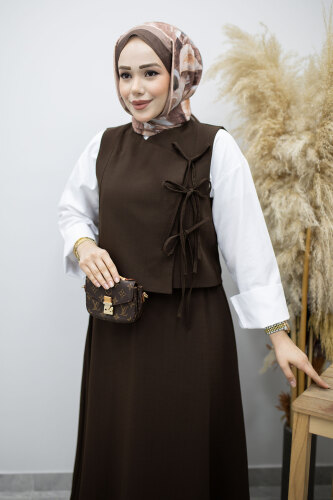 Bağlamalı Yelekli İkili Takım TSD260189 Kahverengi - TESETTÜR DÜNYASI (1)
