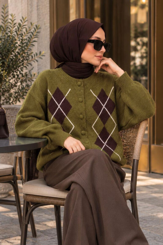 Baklava Desen Triko Hırka TSD260342 Haki - 4