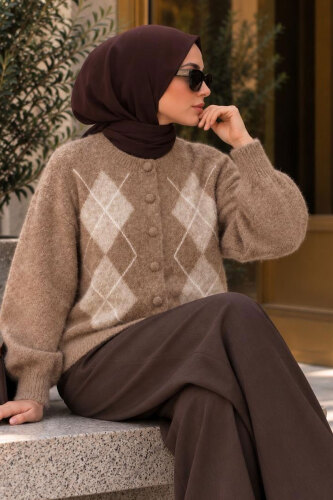 Baklava Desen Triko Hırka TSD260342 Vizon - 2