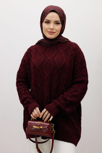 Baklava Desenli Triko Kazak TSD260115 Bordo - 2