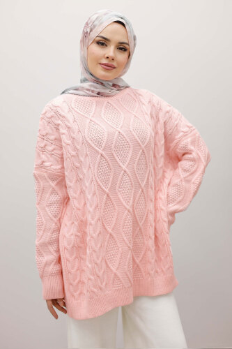 Baklava Desenli Triko Kazak TSD260115 Pembe - TESETTÜR DÜNYASI (1)