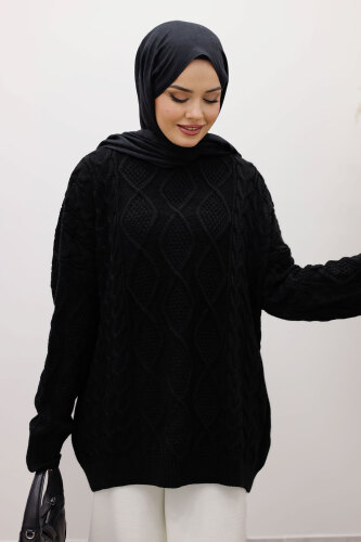 Baklava Desenli Triko Kazak TSD260115 Siyah - TESETTÜR DÜNYASI (1)