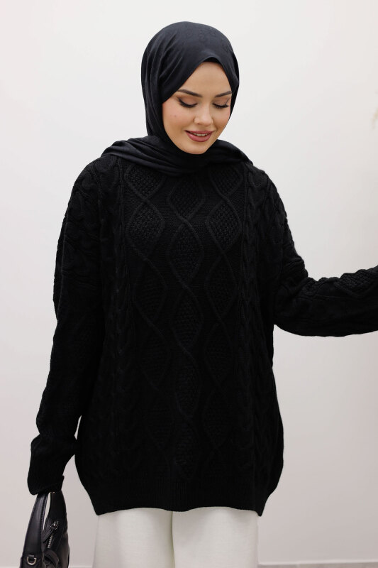 Baklava Desenli Triko Kazak TSD260115 Siyah - 2