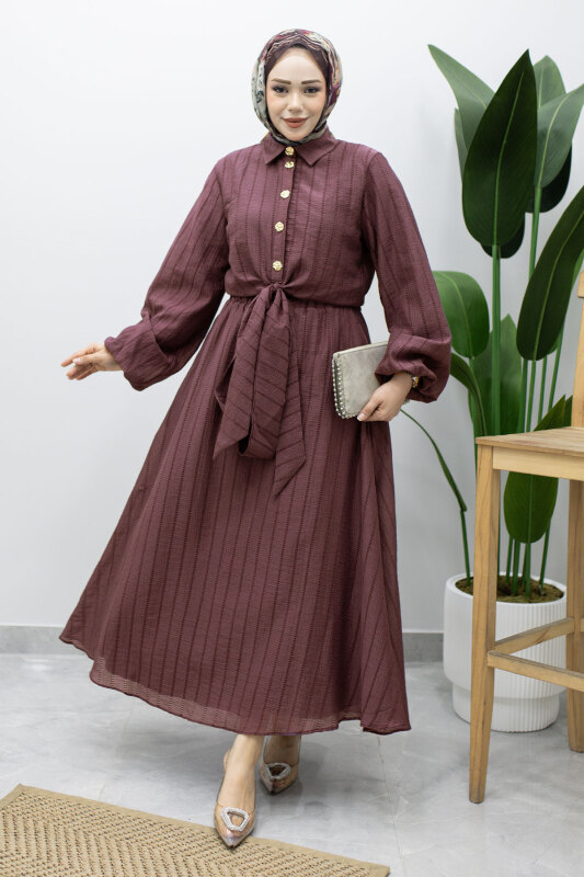 Balon Kol Bağlama Detaylı Etekli Takım TSD260226 Mürdüm - 1
