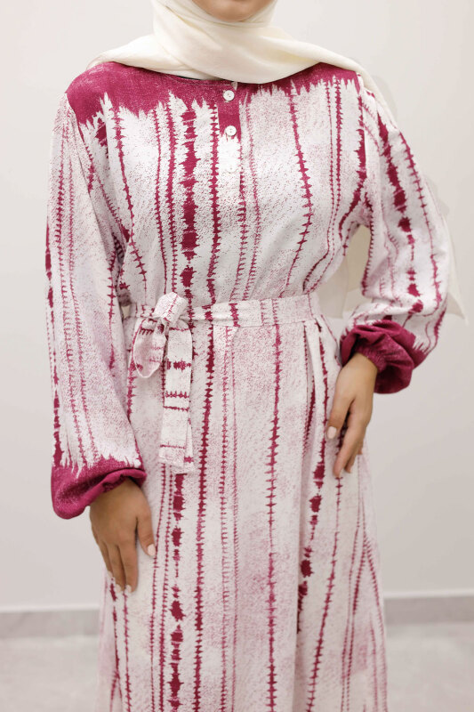 Batik Desenli Viskon Elbise TSD250229 Fuşya - 4
