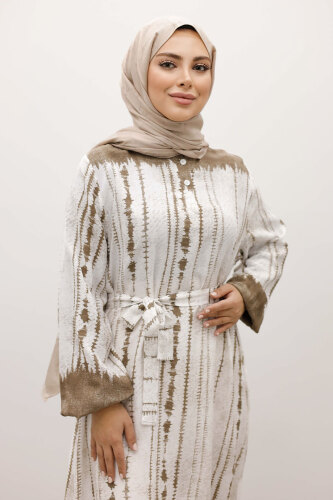 Batik Desenli Viskon Elbise TSD250229 Vizon - TESETTÜR DÜNYASI (1)