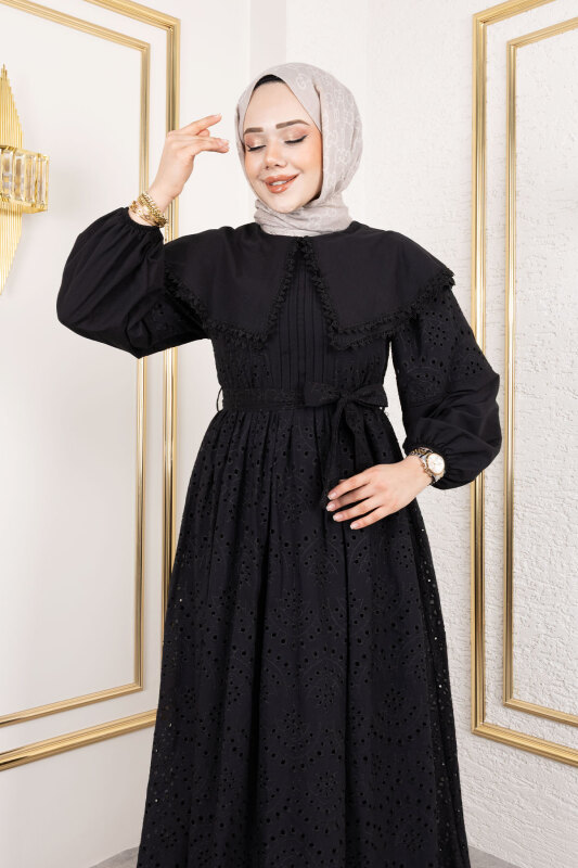 Bebe Yaka Beli Kuşaklı Elbise TSD250158 Siyah - 2