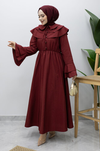Bebe Yaka Düğmeli Elbise TSD260250 Bordo - 3