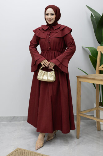 Bebe Yaka Düğmeli Elbise TSD260250 Bordo - 5