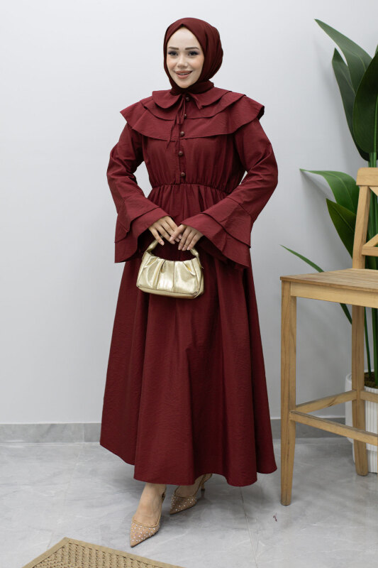 Bebe Yaka Düğmeli Elbise TSD260250 Bordo - 5