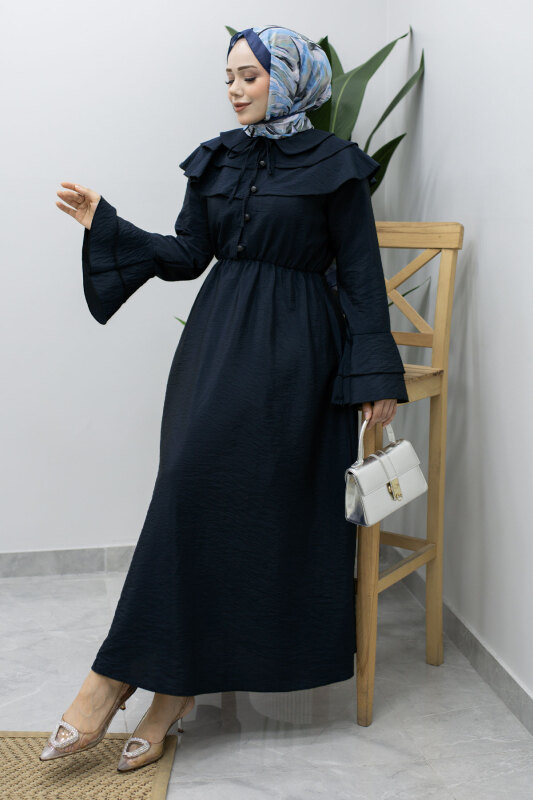 Bebe Yaka Düğmeli Elbise TSD260250 Lacivert - 5