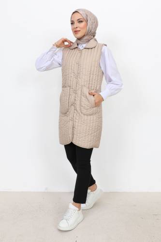 Bebe Yaka Kapitone Yelek TSD231115 Bej - 4