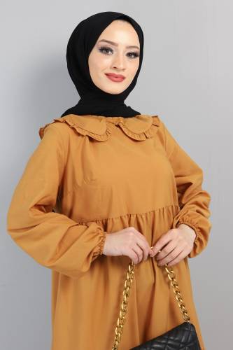 Bebe Yaka Tesettür Elbise TSD0706 Hardal - Tesettür Dünyası (1)