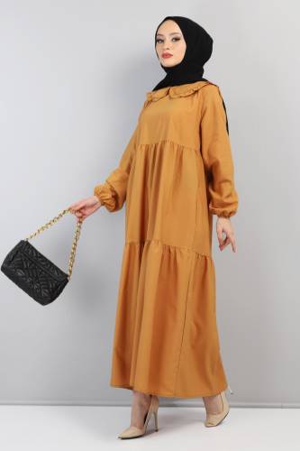 Bebe Yaka Tesettür Elbise TSD0706 Hardal 