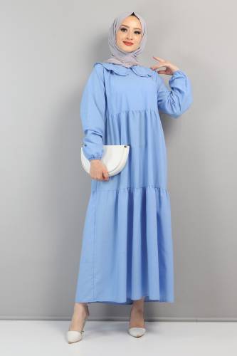 Bebe Yaka Tesettür Elbise TSD0706 Mavi 