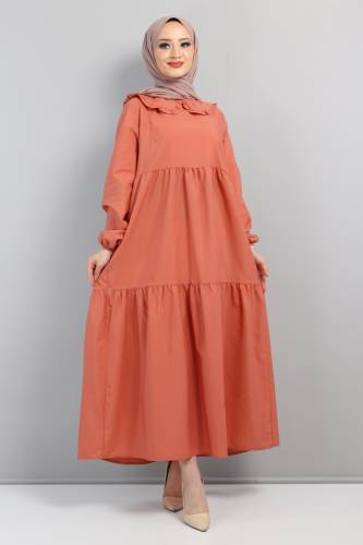 Bebe Yaka Tesettür Elbise TSD0706 Somon - Tesettür Dünyası (1)