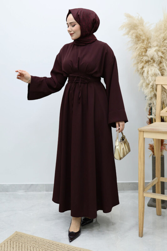 Belden Oturtmalı Bağcıklı Elbise TSD260136 Bordo - 1
