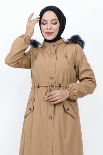 Beli Bağcıklı Kapaklı Mont TSD1936 Camel - Tesettür Dünyası (1)