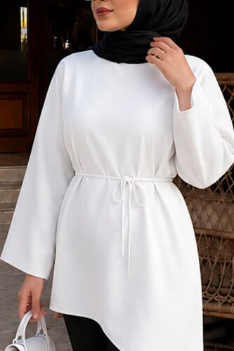 Beli Bağlamalı Asimetrik Kesim Tunik TSD260265 Beyaz - 4