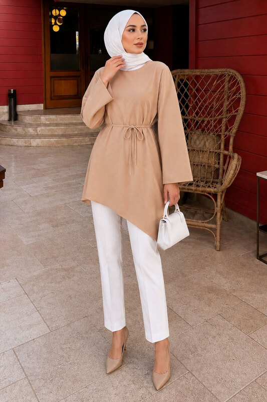 Beli Bağlamalı Asimetrik Kesim Tunik TSD260265 Camel - TESETTÜR DÜNYASI