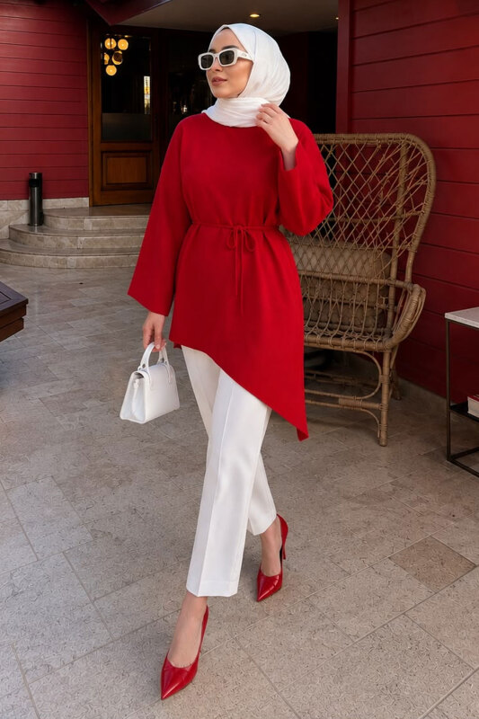 Beli Bağlamalı Asimetrik Kesim Tunik TSD260265 Kırmızı - 3