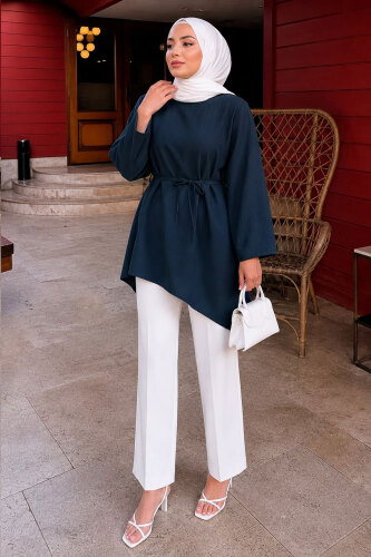 Beli Bağlamalı Asimetrik Kesim Tunik TSD260265 Lacivert - 5