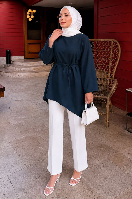 Beli Bağlamalı Asimetrik Kesim Tunik TSD260265 Lacivert - 5