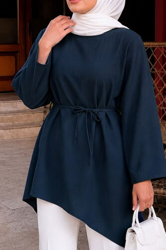 Beli Bağlamalı Asimetrik Kesim Tunik TSD260265 Lacivert - 4