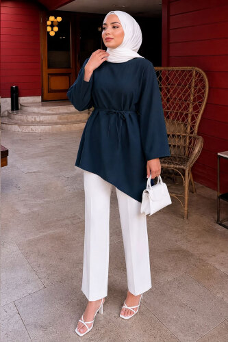 Beli Bağlamalı Asimetrik Kesim Tunik TSD260265 Lacivert - 5