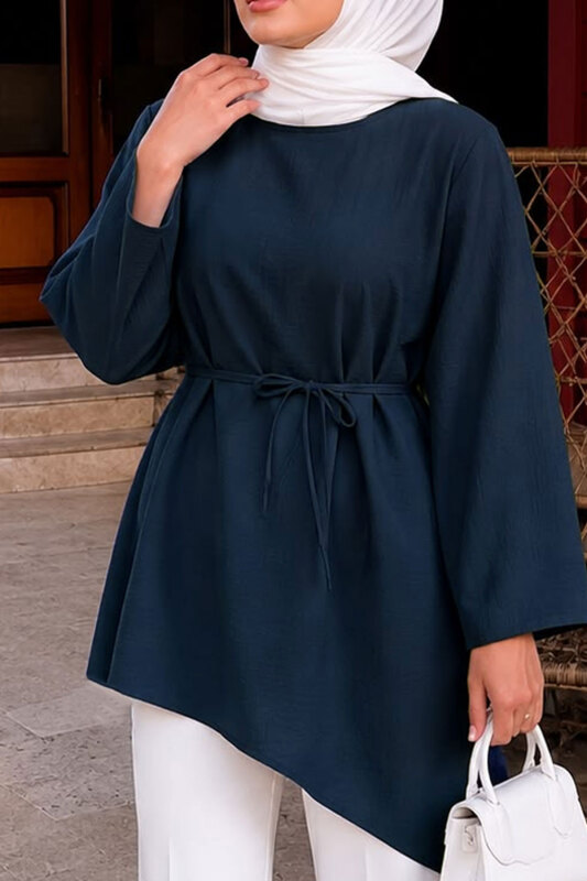 Beli Bağlamalı Asimetrik Kesim Tunik TSD260265 Lacivert - 4