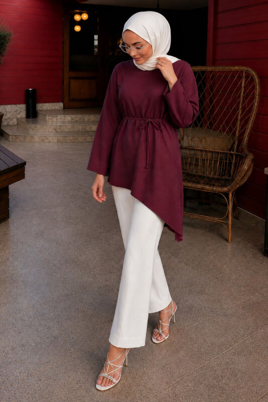 Beli Bağlamalı Asimetrik Kesim Tunik TSD260265 Mürdüm - Tesettür Dünyası