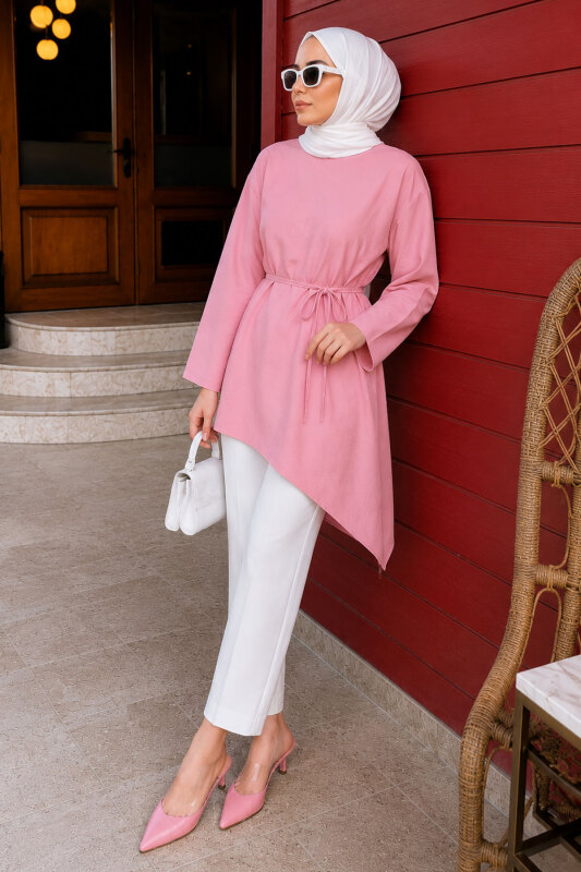 Beli Bağlamalı Asimetrik Kesim Tunik TSD260265 Pembe - 5