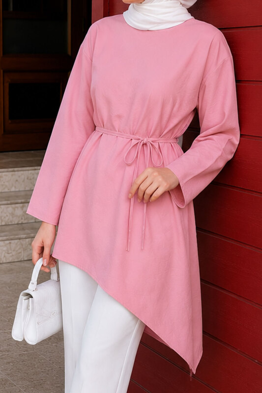 Beli Bağlamalı Asimetrik Kesim Tunik TSD260265 Pembe - 4