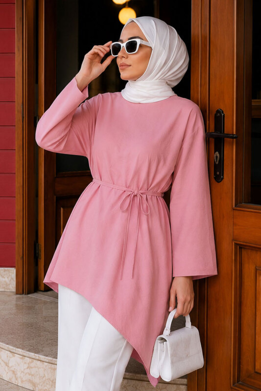Beli Bağlamalı Asimetrik Kesim Tunik TSD260265 Pembe - TESETTÜR DÜNYASI (1)