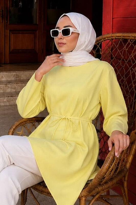 Beli Bağlamalı Asimetrik Kesim Tunik TSD260265 Sarı - TESETTÜR DÜNYASI (1)