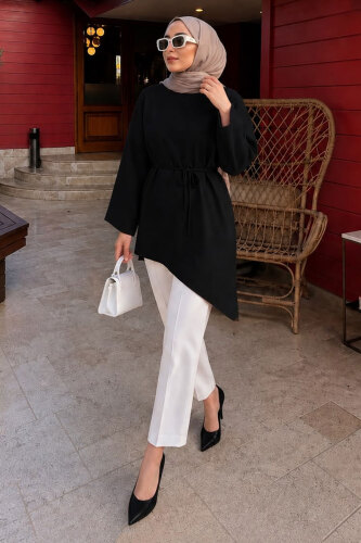 Beli Bağlamalı Asimetrik Kesim Tunik TSD260265 Siyah - 3